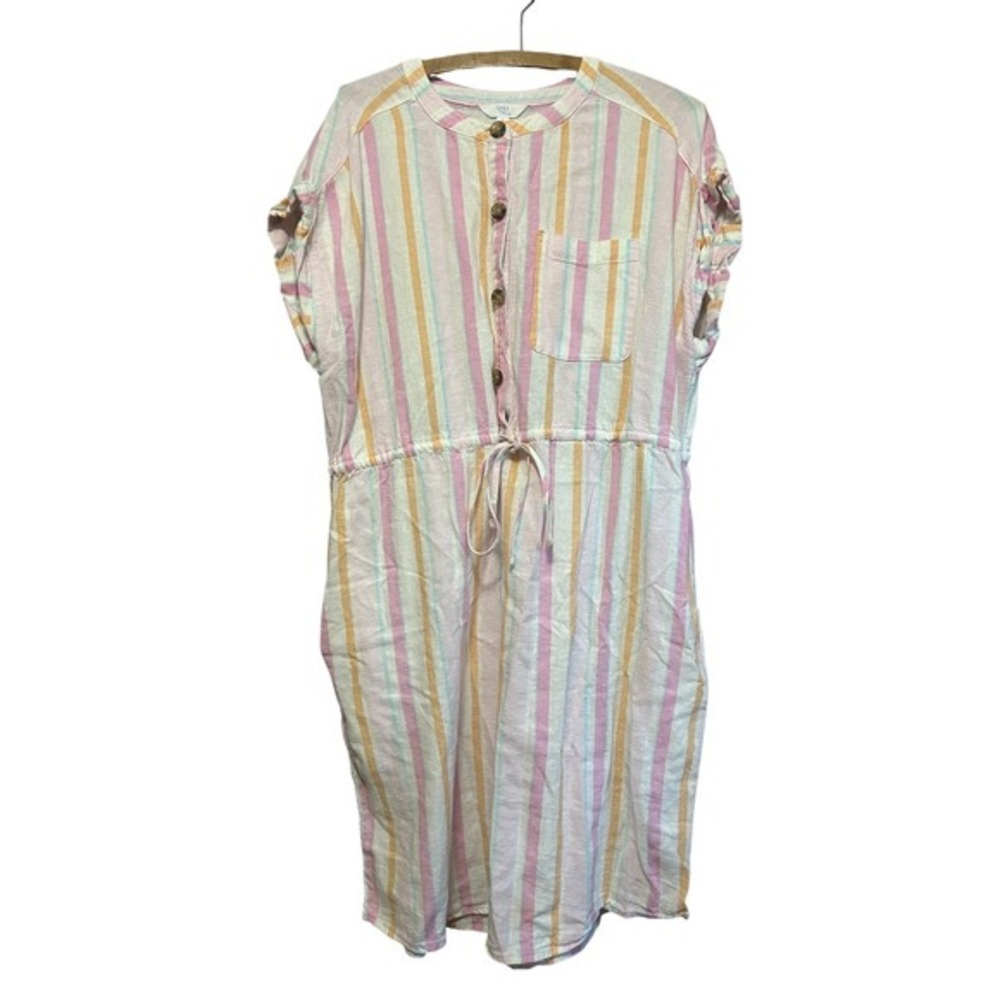Time and Tru Women's large Striped Linen Blend Button Up Midi Dress Pink Casual